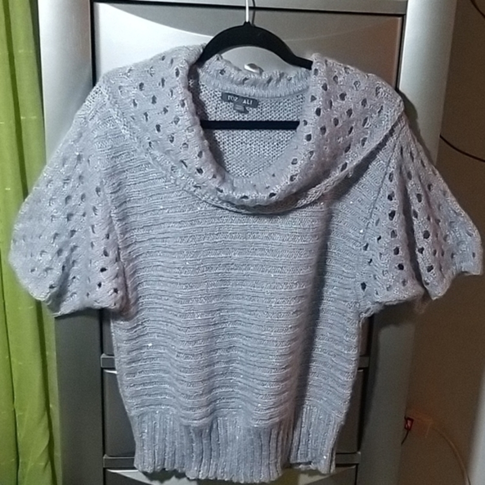 Roz & Ali Gray Short Sleeves Crochet Sweater XLP